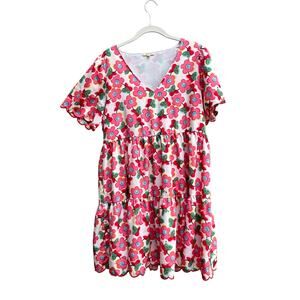 Jodifl Floral Tiered Babydoll Dress Size Medium Pink Red Green Spring